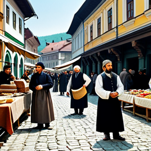 Bulgarian Renaissance**

"A bustling marketplace in a Bulgarian town during the National Revival, circa 1860.  Merchants in traditional, modest clothing sell goods.  Intellectuals in period attire discuss ideas near a coffee house.  Background shows traditional Bulgarian architecture.  Safe for work, appropriate content, fully clothed, professional, historic scene, perfect anatomy, correct proportions, natural pose, high quality."

**