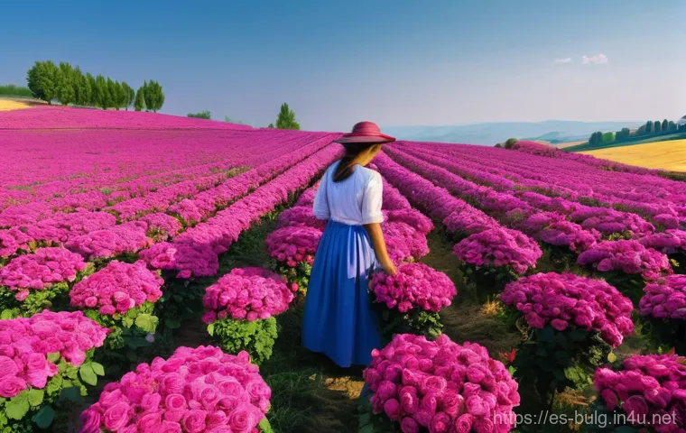 불가리아 농업 주요 작물 - **Prompt:** A breathtaking panoramic view of the Bulgarian Rose Valley during early morning, where v...