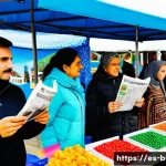 Home 14 불가리아 시민권 취득 방법 - A diverse group of adults in a modern Bulgarian cityscape setting, engaging in everyday activities s...
