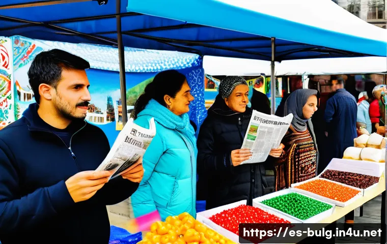 불가리아 시민권 취득 방법 - A diverse group of adults in a modern Bulgarian cityscape setting, engaging in everyday activities s...