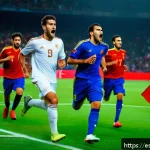 Home 19 불가리아 축구 선수 흐리스토 스토이치코프 - A dynamic soccer scene depicting a fierce, determined European football player wearing a full team u...