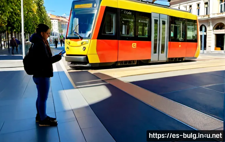 불가리아 대중교통 이용법 - Photorealistic scene of a Spanish-speaking tourist couple using public transportation in Sofia, Bulg...
