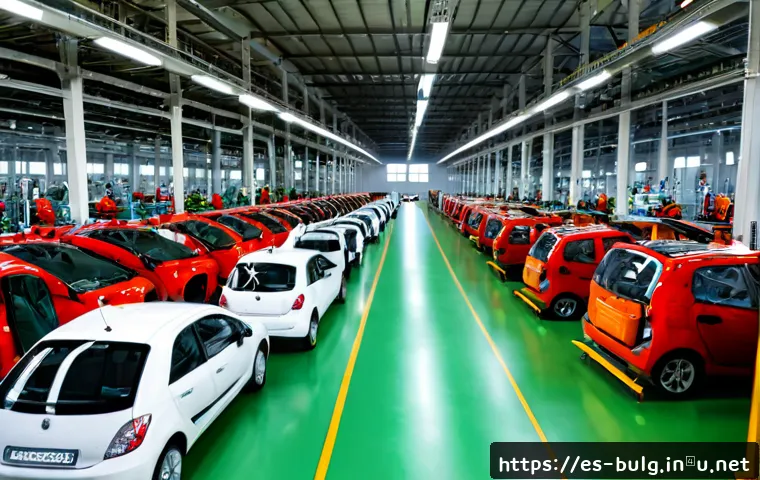 Home 17 불가리아 자동차 산업 현황 - Photorealistic wide-angle view of a modern automotive assembly plant in Bulgaria, diverse European t...