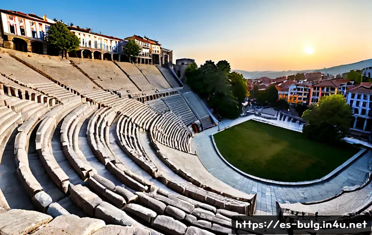 불가리아 플로브디프 관광 - Photorealistic wide-angle travel scene of Plovdiv, Bulgaria, looking along the ancient Roman theatre...